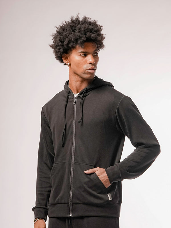 Premium slim fit zip-up hoodie - black